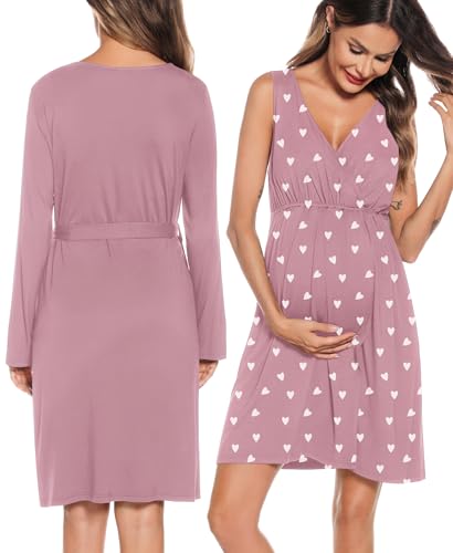 Image of SWOMOG Women Maternity Nursing Gown and Robe Set 3 in 1 Labor Delivery Nursing Nightgown for Breastfeeding Hospital Bathrobe