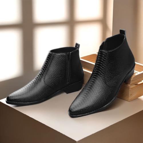 Image of ERIX Men's Chelsea Boot in Black Synthetic Leather with Zip Closure and Almond Toe