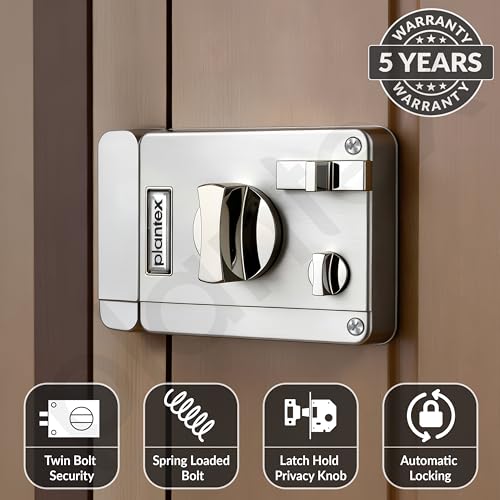 Image of Plantex Heavy Duty Night Latch Door Lock with Key & Knob for Main Door /Twinbolt Lock for Home,Hotel,Office /Deadbolt Lock with 5-Years Warranty (Satin White & Chrome)