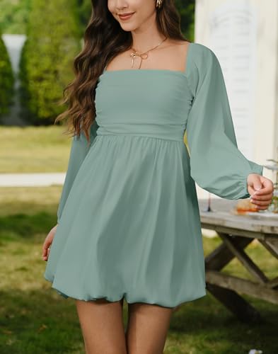 Image of HYPERFIRE Women's Square Neck Long Sleeve Bubble Mini Dress Pleated Smocked A Line Wedding Dresses