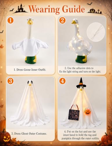 Lighted Ghost Porch Goose Halloween Outfit for 23’’ Goose, Halloween Decor | 7 Piece Halloween Porch Goose Outfit, String Lights, Bendable Inner outfit, Witch Hat, Pumpkin Bucket, Trick or Treat Sign - image 4