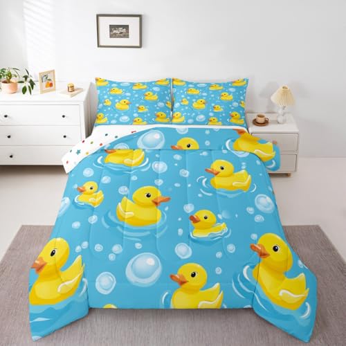 Erosebridal Kids Yellow Rubber Duck Twin Bedding Sets Cartoon Ducks Comforter Set Funny Animal Quilt Duvet Set Cute Pet Animal Bedding Collections for Boys Girls
