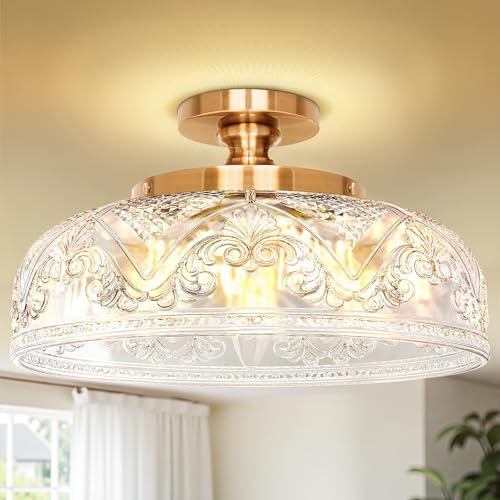 Slypadan Semi Flush Mount Ceiling Light, 12 Inch Large Gold Ceiling Light Fixture, 3-Light Globe Glass Farmhouse Kitchen Lighting Fixtures for Bathroom, Hallway, Dining Room (Bulb Not Included)