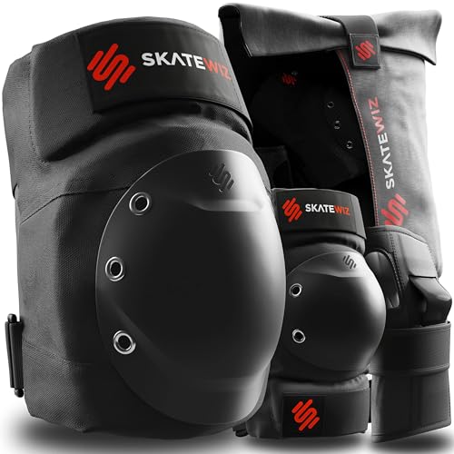 SKATEWIZ Knee and Elbow Pads Adult - Skating Protective Gear Adult - Shield - Size M/L Black - Skateboard Pads with Wrist Guards for Inline Skates, Roller Skate - Ice Skates for Women