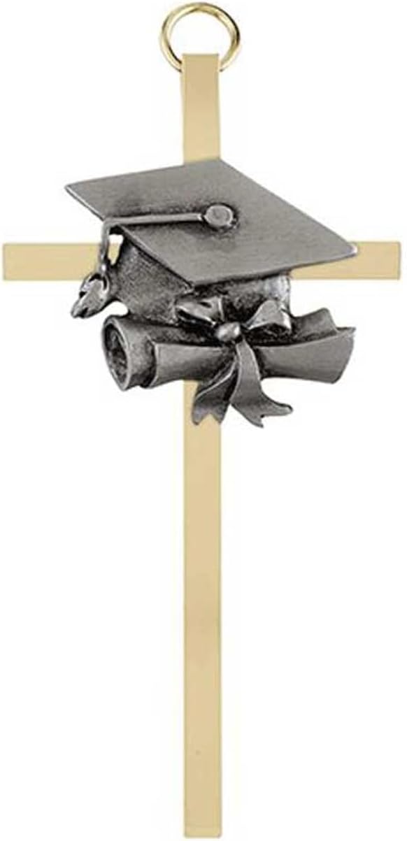 Trinity Church Supply Brass Cross with Graduation Emblem Wall Hanging Catholic Crosses for Home Decor Christian Decorative, 4.25 Inch Height, Pack of 4