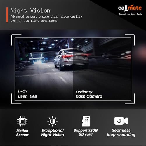 Image of CALLMATE Roadrunner Full HD 1080p Car Dashboard Camera, 2.5 inch LCD Display with AV Port for Parking Monitor (G-Sensor & Motion Detection) Upto 32GB External Memory Capacity (Black, Suction Lock)