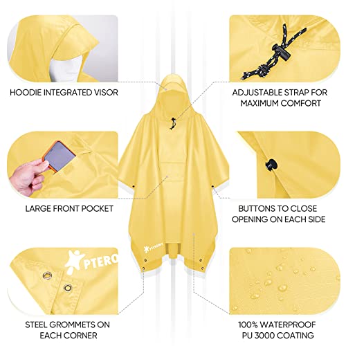 Image of PTEROMY Hooded Rain Poncho for Adult, Waterproof Lightweight Unisex Raincoat for Hiking Camping Emergency