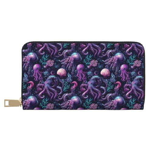 Wallet Women - Cartoon Purple Octopus Print Leather Wallet Large Capacity Bifold Long Ladies Wallets With Zipper