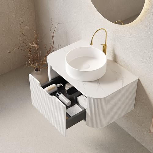 Image of KEIKI 30 inch Vanity with Sink, Floating Bathroom Cabinet with Soft-Close Drawer, 3D Striped Plywood Storage, Vessel Sink-Ready Modern Wall Vanity, White