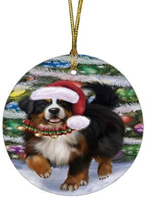 Christmas Express Delivery Red Truck Running Bernese Mountain Dogs Round Flat Ornament - Pet Decorative Hanging Ornaments for Christmas X-mas Tree Decorations - 2.75" Round Christmas Ornament
