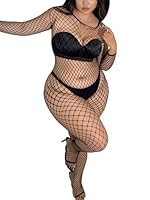 Mingnos Sexy Netz Dessous Bodystocking für Damen M-3XL Große Größen mit Langarm Catsuit Ouvert Unterwäsche Fishnetz Body Nachtwäsche Schwarz
