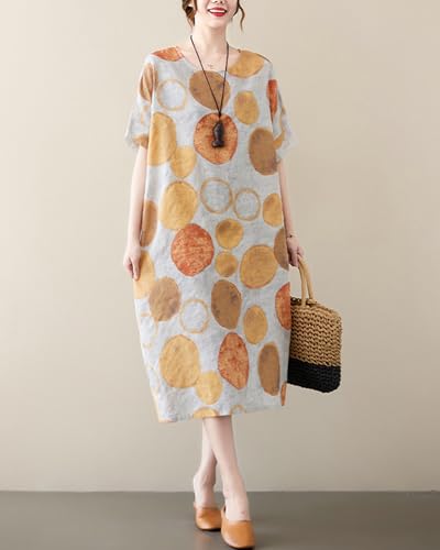Image of LUZU JUNU Women's Summer Baggy Plus Size Loose Cotton Linen Long Boho Beach Dress with Pockets