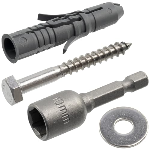 AERZETIX - Kit di 8 tasselli in nylon Ø10x50 mm + 8 viti tirafondo Ø6x50 mm inossidabile A2 + 8 rondelle larghe A2 per vite M6 + 1 bussola esagonale interna 1/4 SW10