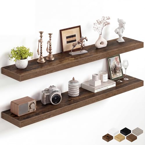 Image of Fun Memories 48Inch Floating Shelves for Wall, 8 Inch Deep Shelves for Bathroom|Bedroom|Kitchen, Large Wall Mounted Wood Hanging Shelf with Invisible Brackets for Home Storage Decor, Brown - 2 Pack