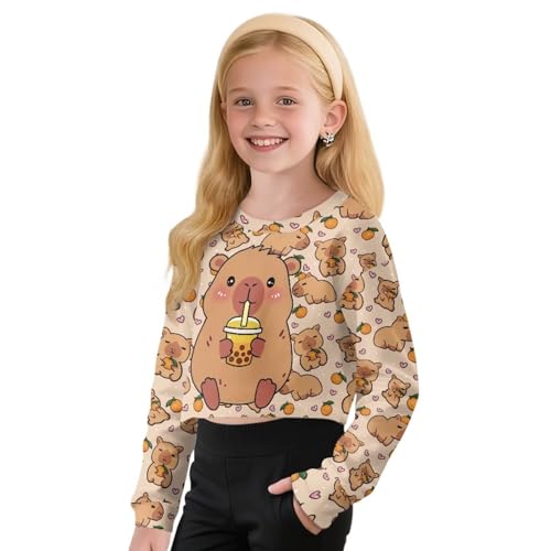 Girls Long Sleeve Crop Tops Cute Crewneck Sweatshirt Spring Fall Top Graphic Cropped Shirts for Girls 5-144
