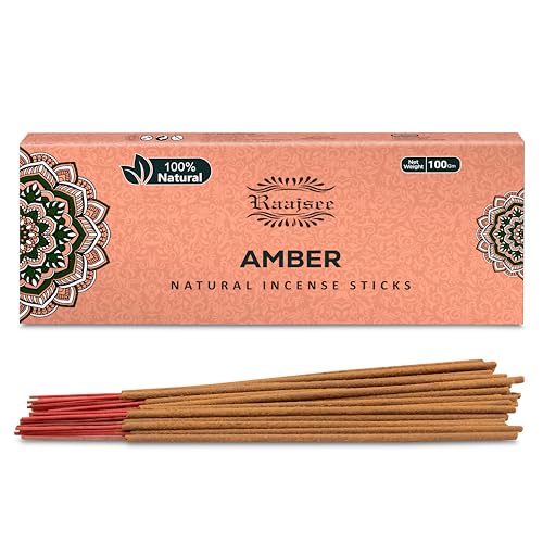 Image of Raajsee Amber Incense Sticks 100 Gm Pack-100% Pure Organic - Natural Hand Rolled Free from Chemicals-Insence for Church,Relaxation, Meditation & Sensual Therapy