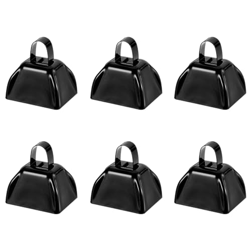 Hordolry 3inch Cowbells Noise Makers, 6Pcs Metal Cow Bells with Handle, Small Loud Bell Bulk Hand Percussion for Sporting Events, Football Games,Party, Concert, Graduations, Farm Ranch, Black