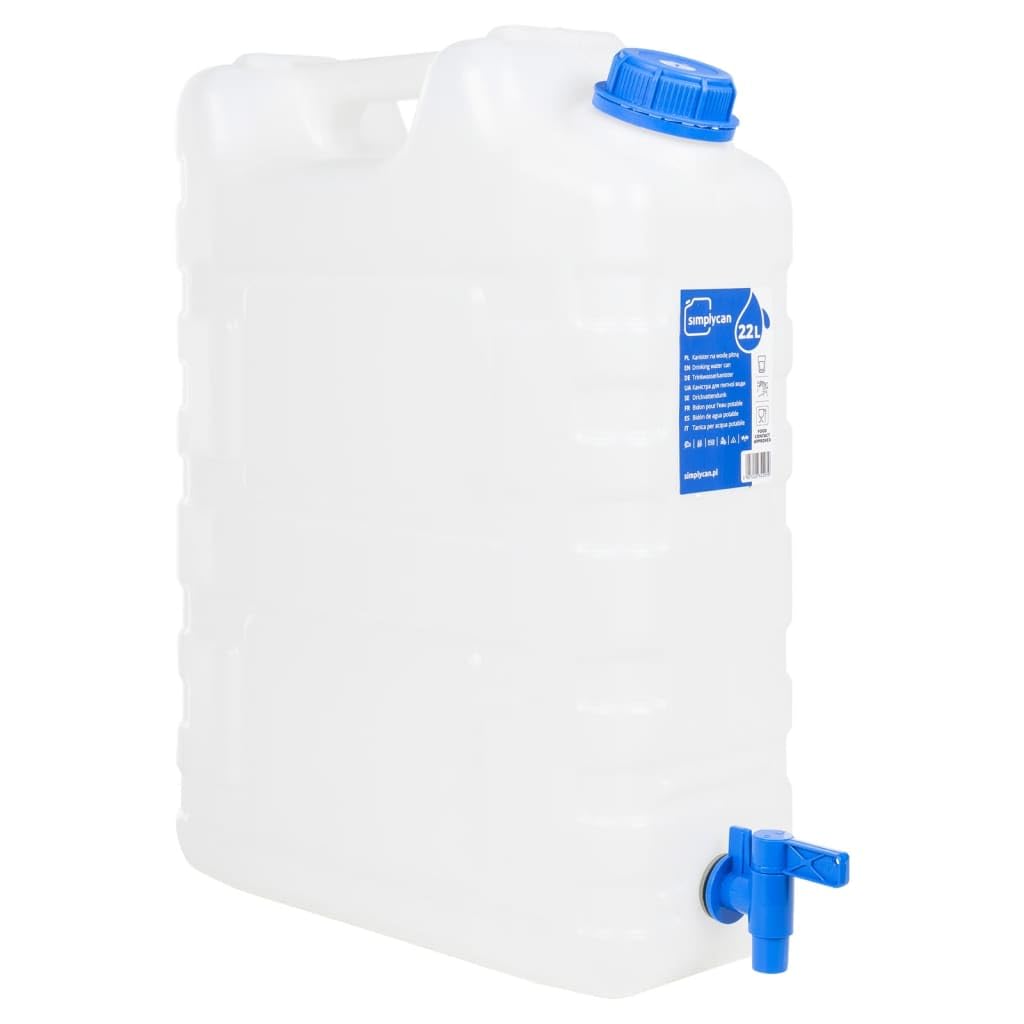 Depósito de agua con grifo, 20 L, transparente, plástico HDPE, apilable, con gran apertura de llenado y asa para camping, exterior, emergencia y almacenamiento