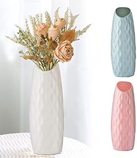 BUZIFU 3 Pcs Plastic Vases Ceramic Look Plastic Vase Geometric Floral Vase Modern Decorative Flower Vase Nordic Flower Arrangement Container for Home, Office Decorations(White + Pink + Green)
