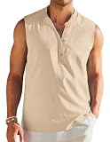 COOFANDY Men Linen Tank Top Button Down Henley Tank Shirts Sleeeveelss Beach Shirts Fashion Textured Tanks Light Brown