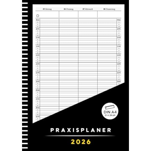 Praxisplaner 2026: Terminplaner 2026 A4 eine woche 2 seiten || Uhrzeit mit 15 Minuten Takt, 8:00 Uhr bis 20:00 Uhr || DIN A4 - Schwarz