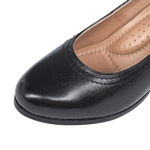 Mona flying Women's Leather Closed Round Toe 3 inch Chunky High Heel Pumps Formal Court Shoes Office Work Dress Shoes for Ladies3
