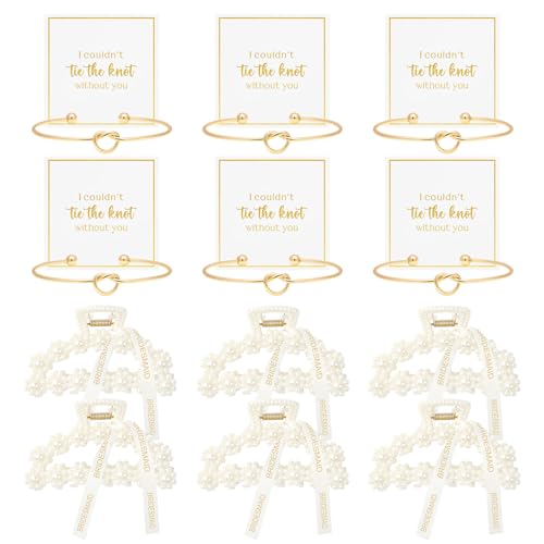 DEEKA 12 Pcs Bridesmaid Proposal Gifts, Pearl Hair Claw Clips & Bridesmaid Knot Bracelet Bachelorette Party Wedding Favors Bridal Party Present Hair Accessories for Women(Gold Bracelets)