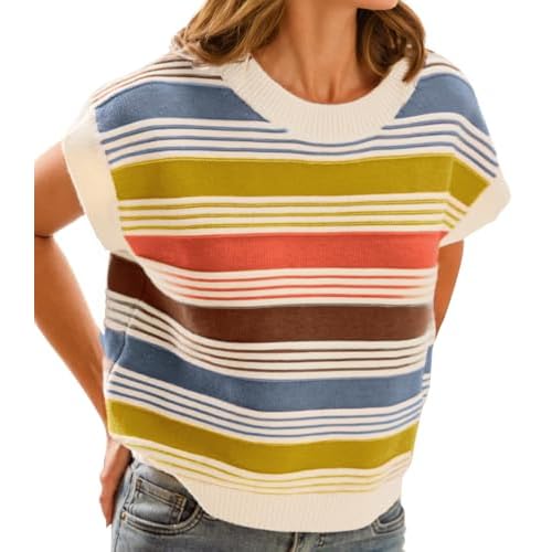 FireSwan Womens Cap Sleeve Sweater Vest Striped Color Block Loose Tank Tops Trendy Vacation Outfits Cute Summer Fall Top Medium Yellow