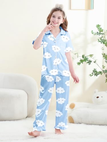 QZH.DUAO Girls Satin Pajamas Set Button Down Silk 2 Piece Pj Sets Ruffle Pants Sleepwear, Blue Eyelashes, 7-8 Years2