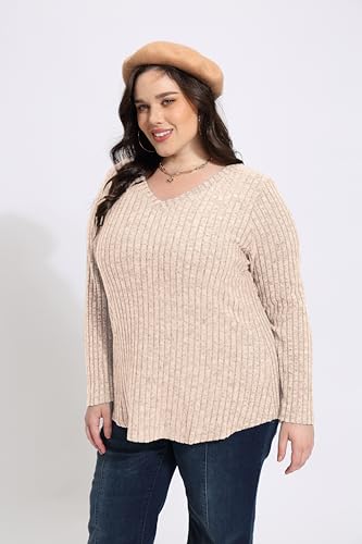 Image of RITERA Plus Size Sweater, Ribbed Long Sleeve Solid Top for Women | Soft vertical ribbed knit, modest V neck, loose long sleeves, curved swing hem, slimming casual layering top for curvy women