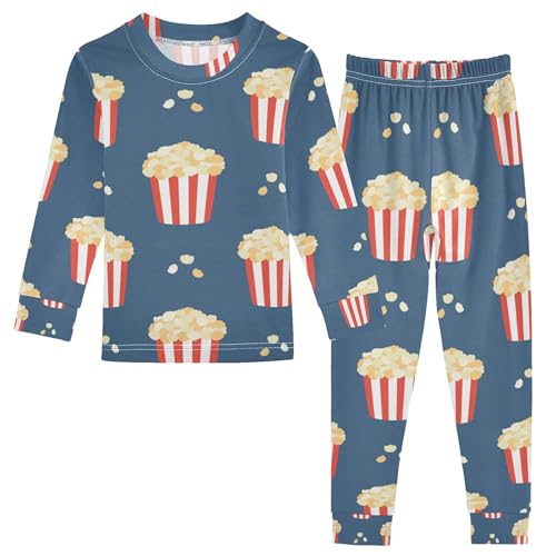 Vozoza Cartoon Food Popcorn Blue Pajama Sets Long Sleeve Top with Pants Cotton Soft Sleepwear 2 Piece Pjs Set Size 5T
