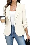 ELLEVEN Womens Blazer Business Casual Suit Jacket Slim Fit Fitted Ruched 3/4 Sleeve Petite Crop Blazer Dressy Full Lining Lightweight Outfits Coat Cardigan with Padded Shoulder Cream-White Small