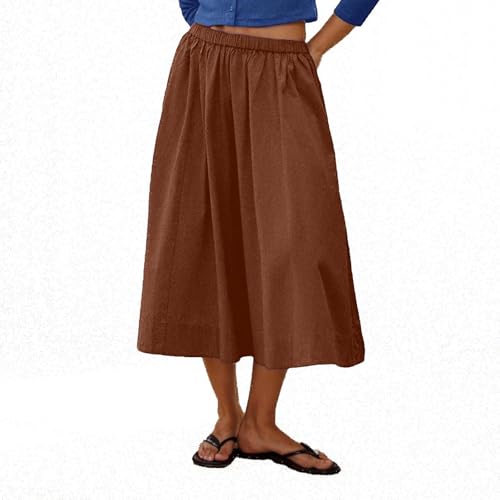 Lmdudan 2025 Women Skirts Midi Length Casual Elastic Waist A Line Skirt Soft Comfy Flowy Elegant Lightweight Skirts