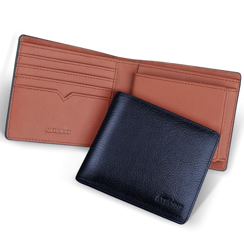 [ATIANNI] 財布 メンズ 二つ折り 本革 オイルドレザー 薄型 ボックス型小銭入れ RFID スキミング防止 大容量 コンパクト 職人製 青+茶色