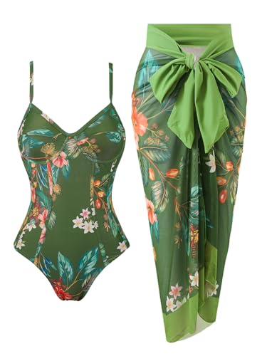 Women One Piece Swimsuit with Cover Up Sarong Wrap Bathing Suits for Women Floral Print Swim Suits with Cover Up Set Slimming 1 Piece Swimwear Dark Green Floral Large