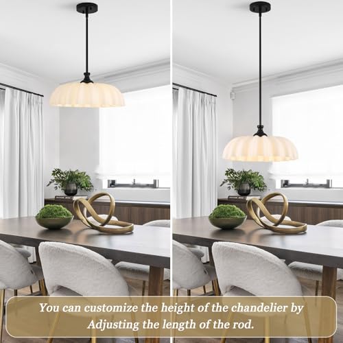 Image of 15.7 inch Vintage Modern Black Chandelier with Floral Milk White Glass Shades, Adjustable Height Pendant Light for Kitchen Island, Dining Room, Bedroom
