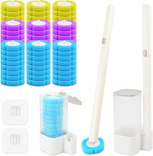Gimars Escobilla de Baño Desechable con 72 Pastillas de Detergente, 2 Bases, 2 Mangos Largos, 2 Ganchos de Pared, Cabezales de Esponja, Kit Completo de Limpieza para Baño Aseo Piscina
