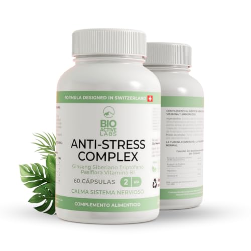Anti-Stress Complex con Rhodiola, Ginseng y Triptófano - Cápsulas para Ansiedad, Nootrópico Natural para Estrés y Cansancio - Suplemento Regulador de Cortisol 120 Cápsulas Veganas