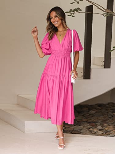 Image of Women's Summer Deep V Neck Puff Short Sleeve Tiered Maxi Dress Flowy A Line Long Dresses