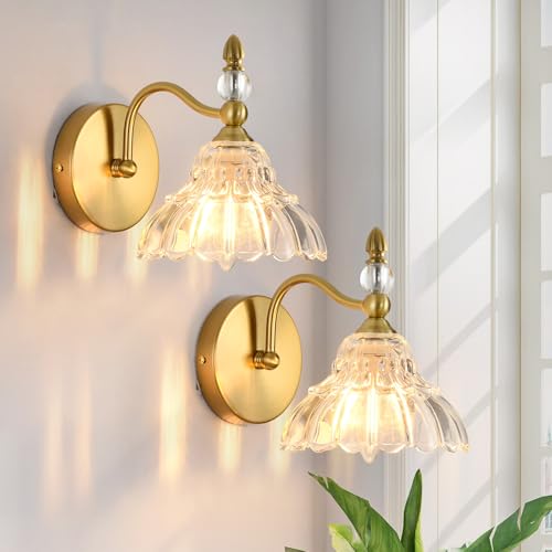 Image of Vintage Wall Sconce Set of 2, Matte Brass Finish Bathroom Wall Sconce, Modern Wall Mount Lamp Light, Indoor Hardwired Vanity Wall Lighting for Bedroom Living Room Hallway
