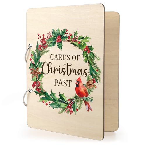 Wooden Christmas Card Organizer Merry Christmas Greeting Card Holder Xmas Holiday Post Cards Keeper Wood Memories Book or Binder for Storage Keepsake Album Photo Notes Gift Winter Past
