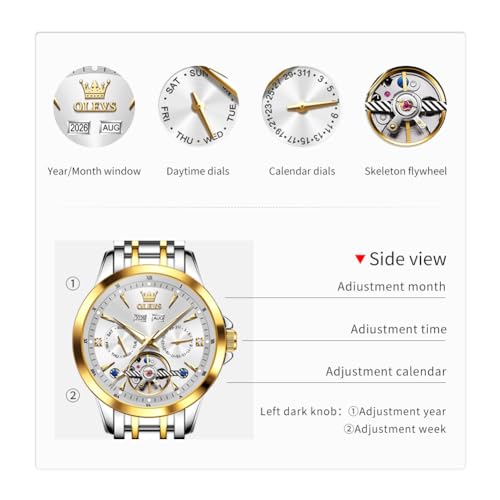Image of OLEVS Automatic Watches for Men Luxury Skeleton Multi-Function Mechanical Watch Self Winding Date Waterproof Luminous Mens Watch