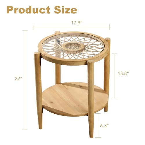 RUSTOWN Rattan Nightstands Set of 2,Boho Wood Round Side Tables, 2-Tier Natural End Table with Glass Top and Wood Legs, Sofa Side Table Bedside Table for Living Room Bedroom Couch(Natural)