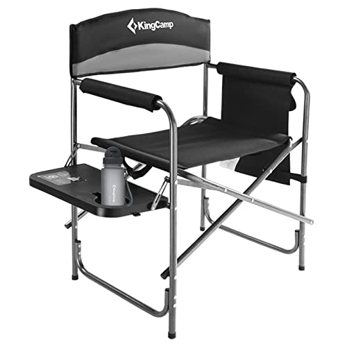 KingCamp Oversized Directors Camping Chairs for Adults, Up to 180 kg (400 lbs) Heavy Duty Folding Directors Chair, Portable Outdoor Camping Chair with Side Table & Pockets, Padded Armrests, Grey