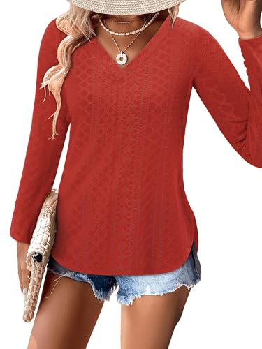 KISSMODA Long Sleeve Fall Shirts For Women V Neck Tunic Tops Embroidered Button Down Knitted Blouses 2025