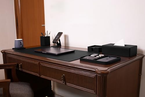 Image of V-CUBE Designs Premium Vegan Leather Executive Set of 6| Multipurpose Personal Desk Organizer| Desk Mat | Valet Tray| Tissue Holder | Pen Holder| Coaster | Mobile Stand for Office Table & Home - Black