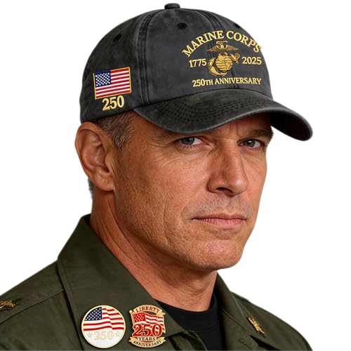 250th Anniversary USA Hat with Marine Corps Pins Patriotic Baseball Cap for Men 250 Year American Anniversary Commemorative Hat Includes 2 Marine Corps Themed Lapel Pins Adjustable Patriotic Hats