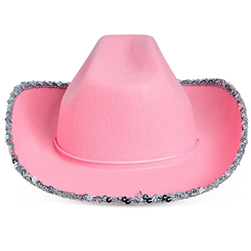Zodaca 4 Pack Western Cowboy Hat For Kids & Girls, Pink Cowgirl Hat For Halloween Costume, Birthday Party (Silver Sequins) #TOP5