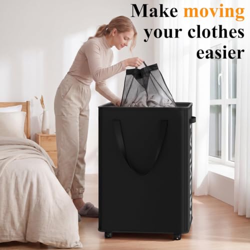 Image of Optish Laundry Basket with Wheels, 90L Rolling Laundry Hamper with Wheels, Large Clothes Hamper on Wheel with Removable Mesh Bag for Bedroom, Dorm Room Essentials, Black
