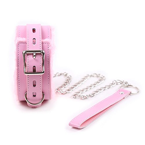 Gothic Leather Choker Collar with Long Chain Leash - Soft Plush Pink Collar Adjustable Necklace for Pets2